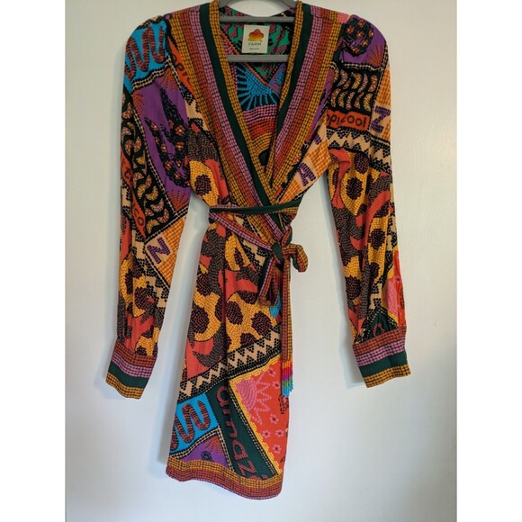 Farm Rio Dotted Patch Scarf Mini Dress S Small Wrap Tassel Tie Mixed Print $225 - Picture 7 of 13